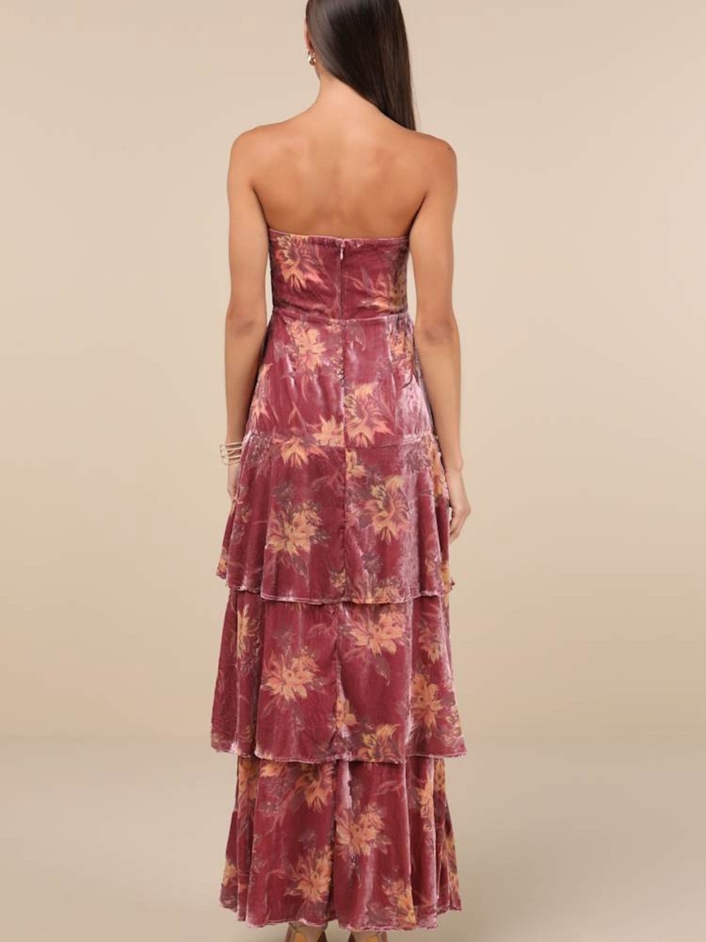Lulu's Mauve Floral Strapless Velvet Tiered Maxi Dress - Picture 2 of 6